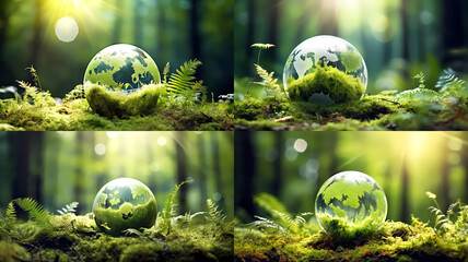 Fototapeta premium Globe on moss in forest background collection. Generative ai design.