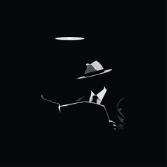 vector illustration of man in hat reading newspaper under lamp isolated black color. businessman reading newspaper in darkness under lamp. great for wall decoration, great for motivational posters. - obrazy, fototapety, plakaty