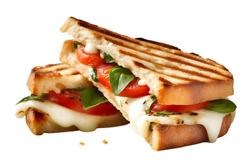 Fresh mozzarella, tomatoes, and basil leaves pressed between ciabatta bread and grilled to perfection. A delicious and convenient choice. on white background - Generative AI