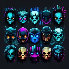 Rolgordijnen Schedel Cyberpunk neon digital artwork icons set. Interface navigation elements with glowing effect. Game design elements. Vector signs collection on nighttime background.