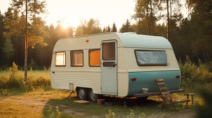 Small mobile house with open window and door, generative AI.