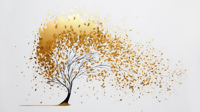 Abstract Golden tree fantasy illustration minimal. Digital Artwork gold tree with golden leaf. Contemporary trendy surreal background for interior design