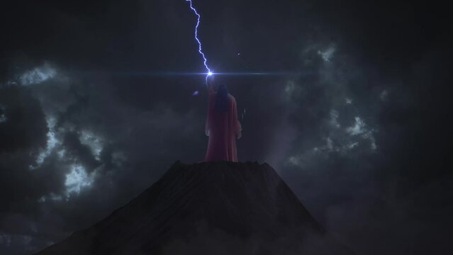 Mount Sinai, Moses receives the Tablets of the Covenant
3D rendering Moses stands on mountain with storm and lightning, 2023
