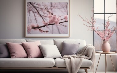 A cozy living room with stylish furniture and a captivating artwork on the wall. AI