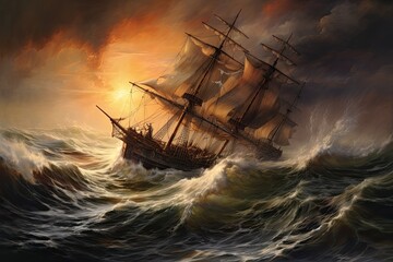 Painted sailing sheeps in storm. Illustration AI Generative.