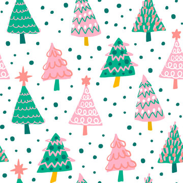 Cute pink and green Christmas tree seamless pattern on white background. Holiday season winter forest fun repeat pattern. Hand drawn illustration.