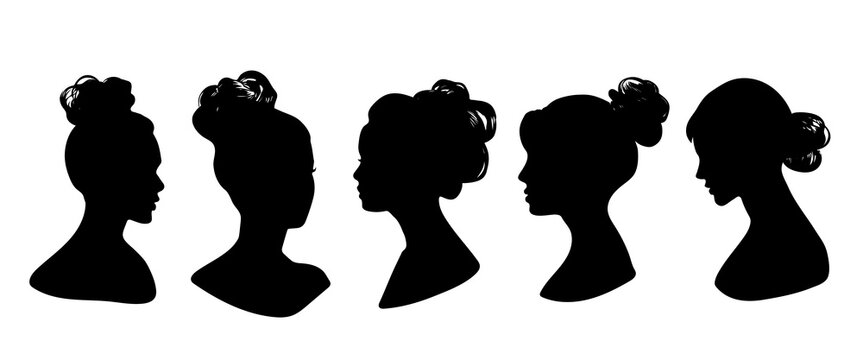 Messy hair bun, vector woman silhouette. Beautiful girl set illustration. Female hairstyle.