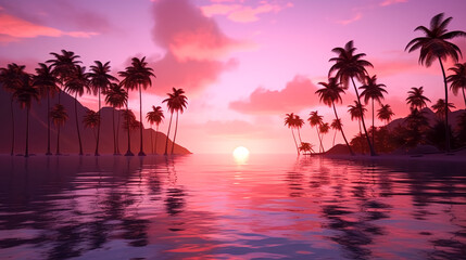 Fototapeta na wymiar Pink sunset and silhouettes of palm trees, generative AI.