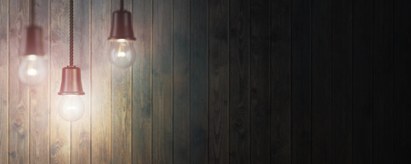 Light bulbs on the background of a wooden wall. Bar interior, loft. Wooden background with light bulbs. Background from wooden boards with light bulbs. Bar. 3d render.