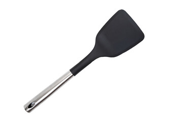 Close-up of a black plastic kitchen spatula with stainless steel handle on a white background. Kitchen utensils.