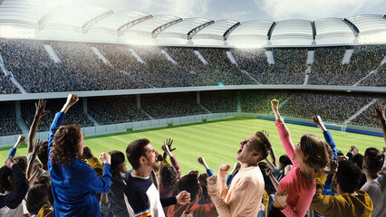 Amazed fans support their team on grandstand, backview, 3d model. Concept of sport, emotions, games, friendship, tour, goal.