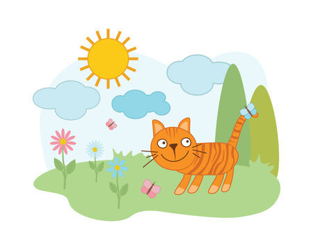 A cat in a meadow with butterflies. Cute cartoon-style cat in a clearing with flowers and butterflies. Funny children s picture. Vector illustration