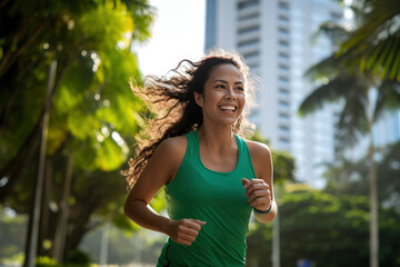 Vibrant Midlife Woman Exercising Outdoors: Beautiful Lady portrait people jogging with Freshness in Urban Park with Trees and Buildings with bright sun and nature light, healthy concept, gen ai - obrazy, fototapety, plakaty