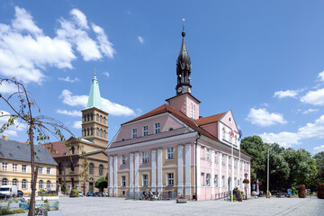 Miedzyrzecz, Poland - the town hall and St. Adalbert church in summer scenery