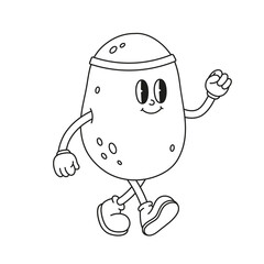 The hand-drawn retro character of a walking potato. The concept of a sporty, healthy lifestyle.Vector illustration in trendy retro cartoon style. Line art