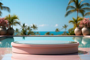 Fototapeta na wymiar Summer product display, pink podium with swimming pool and tropical plants. Generative AI