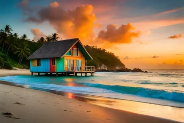 Papier Peint photo Bora Bora, Polynésie française colorful beach house on a vibrant tropical island