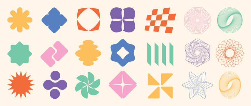 Set of abstract retro geometric shapes vector. Collection of contemporary figure, flower, sparkle, pixel in 70s groovy style. Bauhaus Memphis design element perfect for banner, print, stickers, decor.