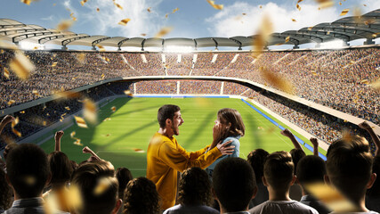 Backview, couple rejoices at victory of favourite command in championship against backdrop of confetti, 3d model. Concept of sport, emotions, games, friendship, unity, team, cheer and goals.