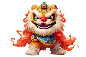 Fototapeta premium cute Chinese new year lion dancing,white isolated background,cartoon style PNG