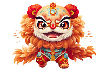 Fototapeta premium cute Chinese new year lion dancing,white isolated background,cartoon style PNG
