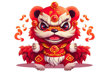 Fototapeta premium cute Chinese new year lion dancing,white isolated background,cartoon style PNG