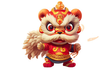 Fototapeta premium cute Chinese new year lion dancing,white isolated background,cartoon style PNG