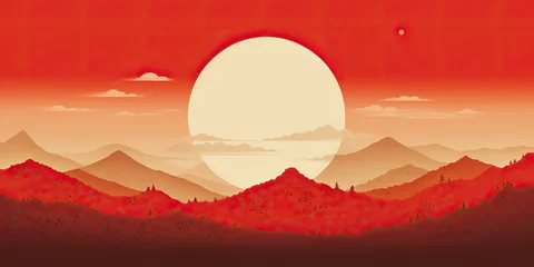 Door stickers Red 2 AI Generated. AI Generative. Japanese asian minimalistic landscape background. Nature outdoor sun mountain sunset sunrise vacation adventure view style