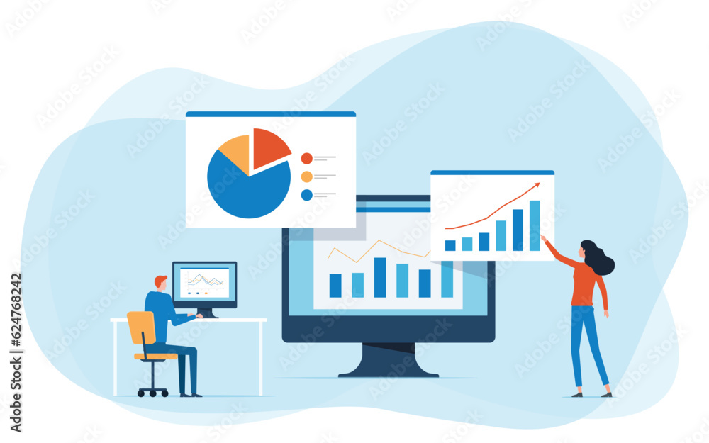 Fototapete business team analytics and monitoring on web report dashboard monitor concept and flat vector illustration design data analytics research for business finance planning concept