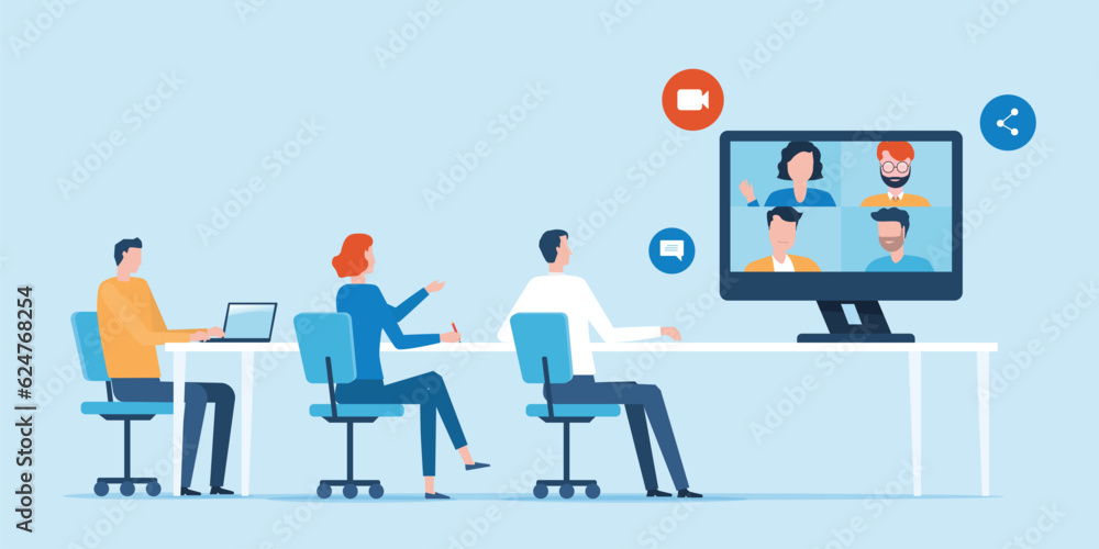 Aufkleber group business team video conference meeting online . business smart working and technology remote w