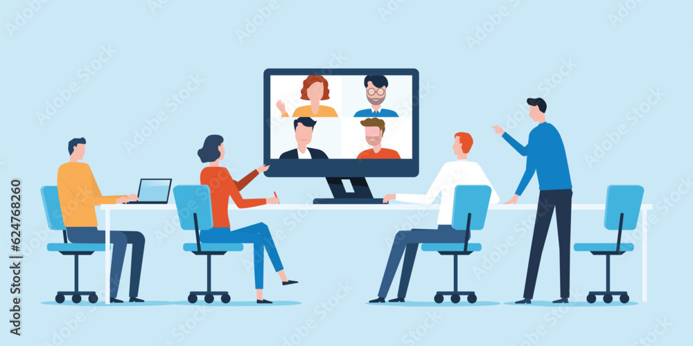 Aufkleber group business team video conference meeting online and business people brainstorming concept. busin