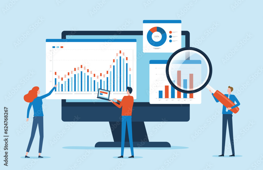 Leinwandbilder flat vector business people working for data analytics and monitoring on web report dashboard monitor and business finance investment design concept