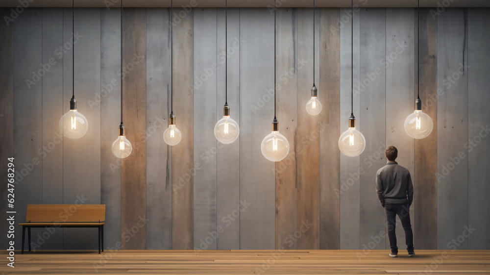 Poster man standing in front of light bulb wall - generative ai