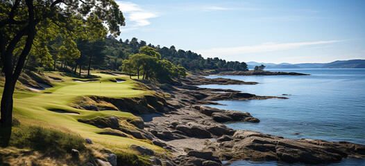 Fototapeta na wymiar A resort golf course by the ocean, on a beautiful sunny day