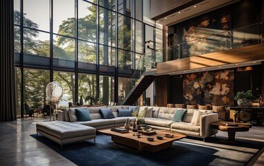 A modern and spacious living room with abundant natural light. AI