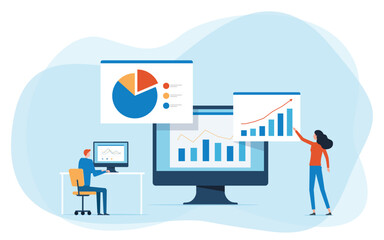 business team analytics and monitoring on web report dashboard monitor concept and flat vector illustration design data analytics research for business finance planning concept