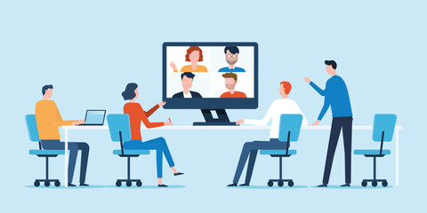 Fototapeta na wymiar Group business team video conference meeting online and business people brainstorming concept. business smart working and technology remote working from anywhere concept