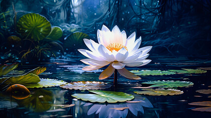 Fototapeta na wymiar Serene White Water Lily: A Generative AI Masterpiece