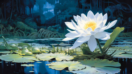 Fototapeta na wymiar Serene White Water Lily in a Pond with Green Leaves - Enhanced by Generative AI