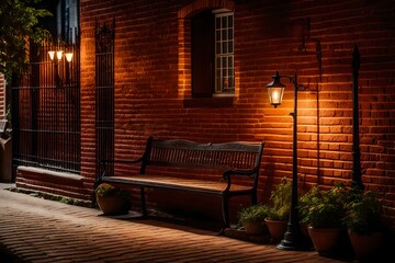 A captivating brick wall, gently illuminated by an antique street light, sets the stage for a charming scene. AI generated