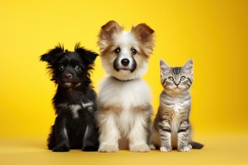 cats and dogs on a yellow plain background looking at the camera. pet shop advertising concept