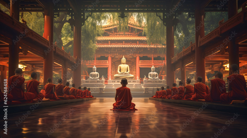 Poster buddhist monk gathering in temple with generative ai