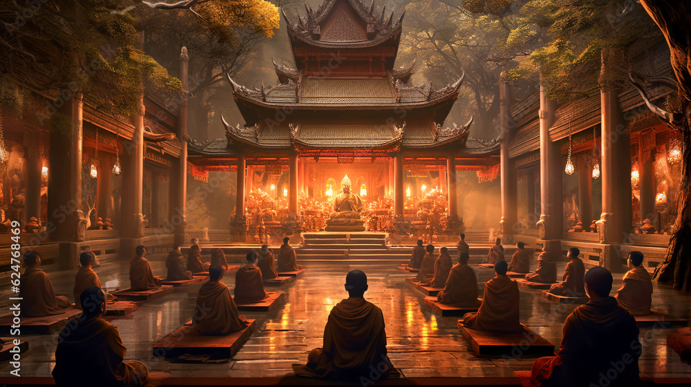 Poster serene buddhist monks meditating in temple with stage - generative ai