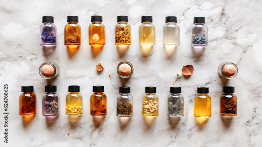 Poster assorted oil bottles close-up with generative ai
