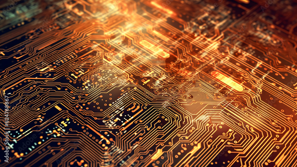 Poster high-tech wonderland: computer circuit board with illuminating lights (generative ai)