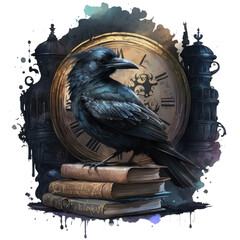 Black raven with books and old clocks, Dark Academia watercolor illustration isolated with a transparent background, fantasy bookworm design created with Generative AI.