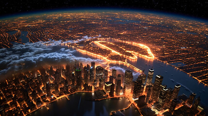 Cityscape Illuminated: Night Aerial View with Generative AI