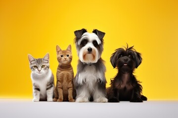 cute cats and dogs on a plain yellow background