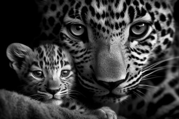 Closeup of mother leopard with her newborn cub