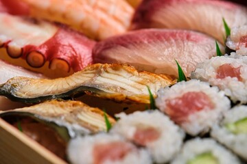 Selection of varied nigiri and maki with tuna, octopus, prawn, eel, yellowtail. Japanese sushi.